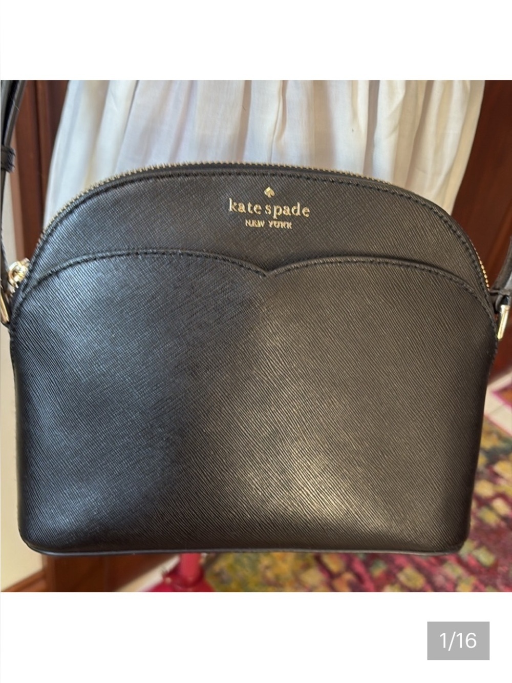 Kate Spade Crossbody Bag Saffiano Leather Black Sweetheart Cut Front & Back